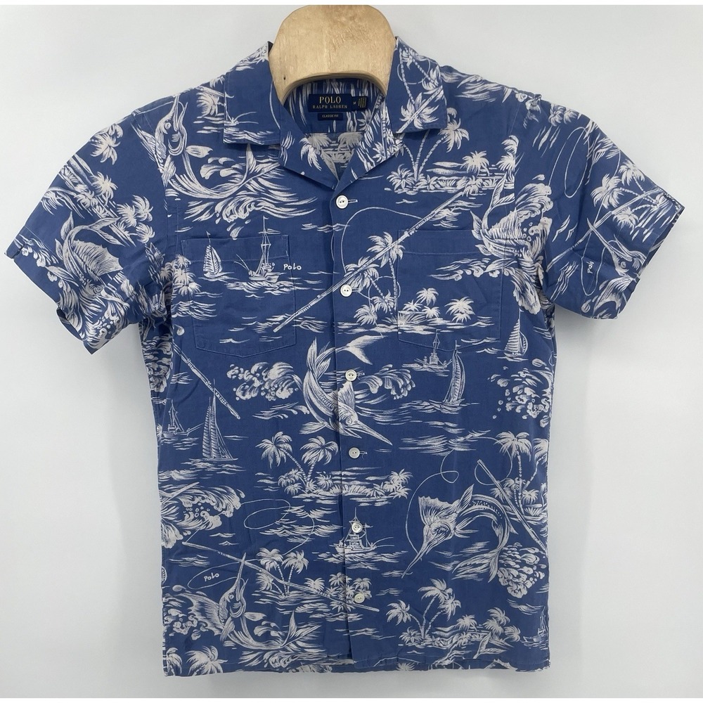 Polo Ralph Lauren Blue Hawaiian Shirt Men Medium Classic Fit Palm Floral Beach - Picture 2 of 8